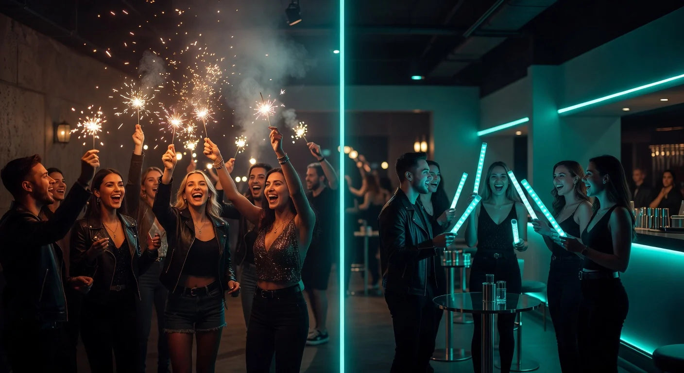 Professional header image for comparison analysis: Fireworks Sparklers vs LED: Nightclub Comparison Guide