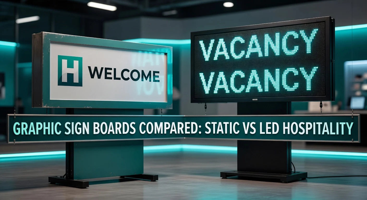 Professional header image for comparison analysis: Graphic Sign Boards Compared: Static vs LED Hospitality
